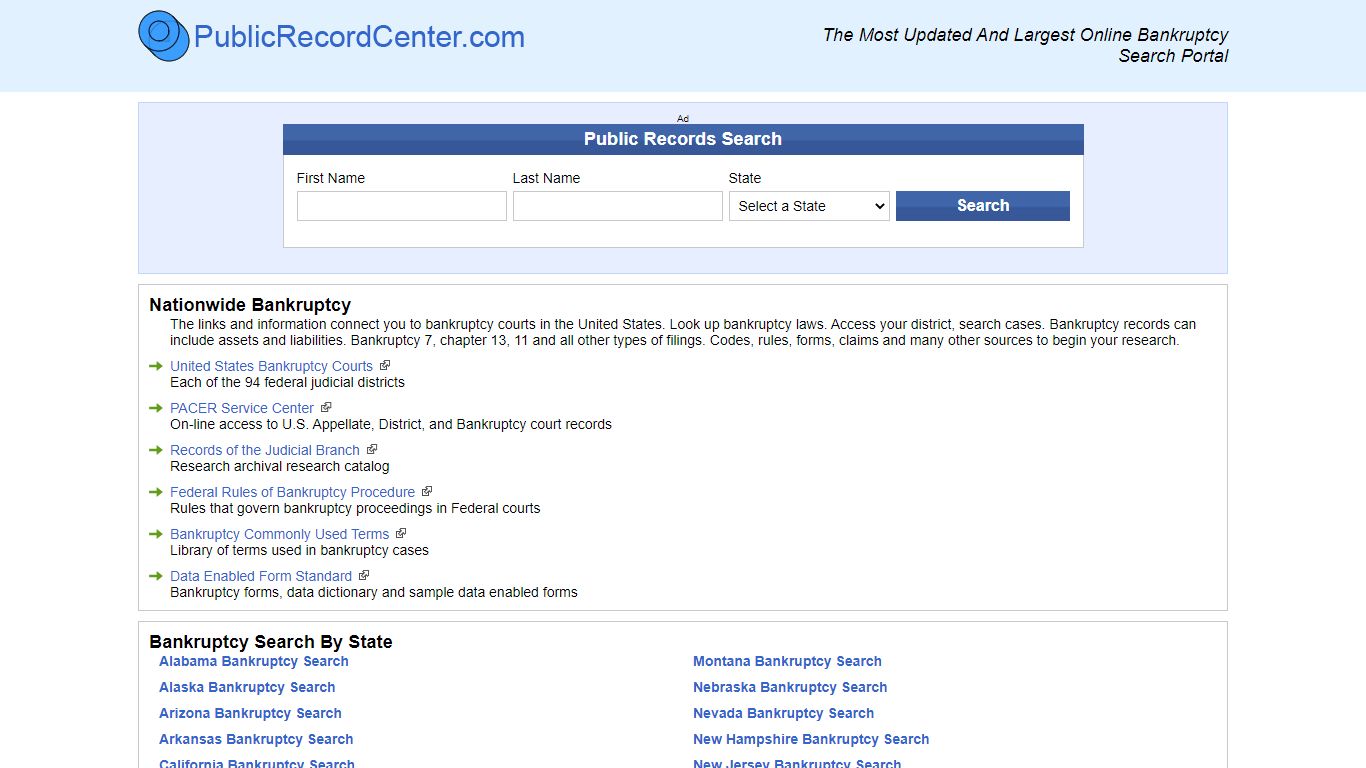 Free Bankruptcy Records Directory - Public record center